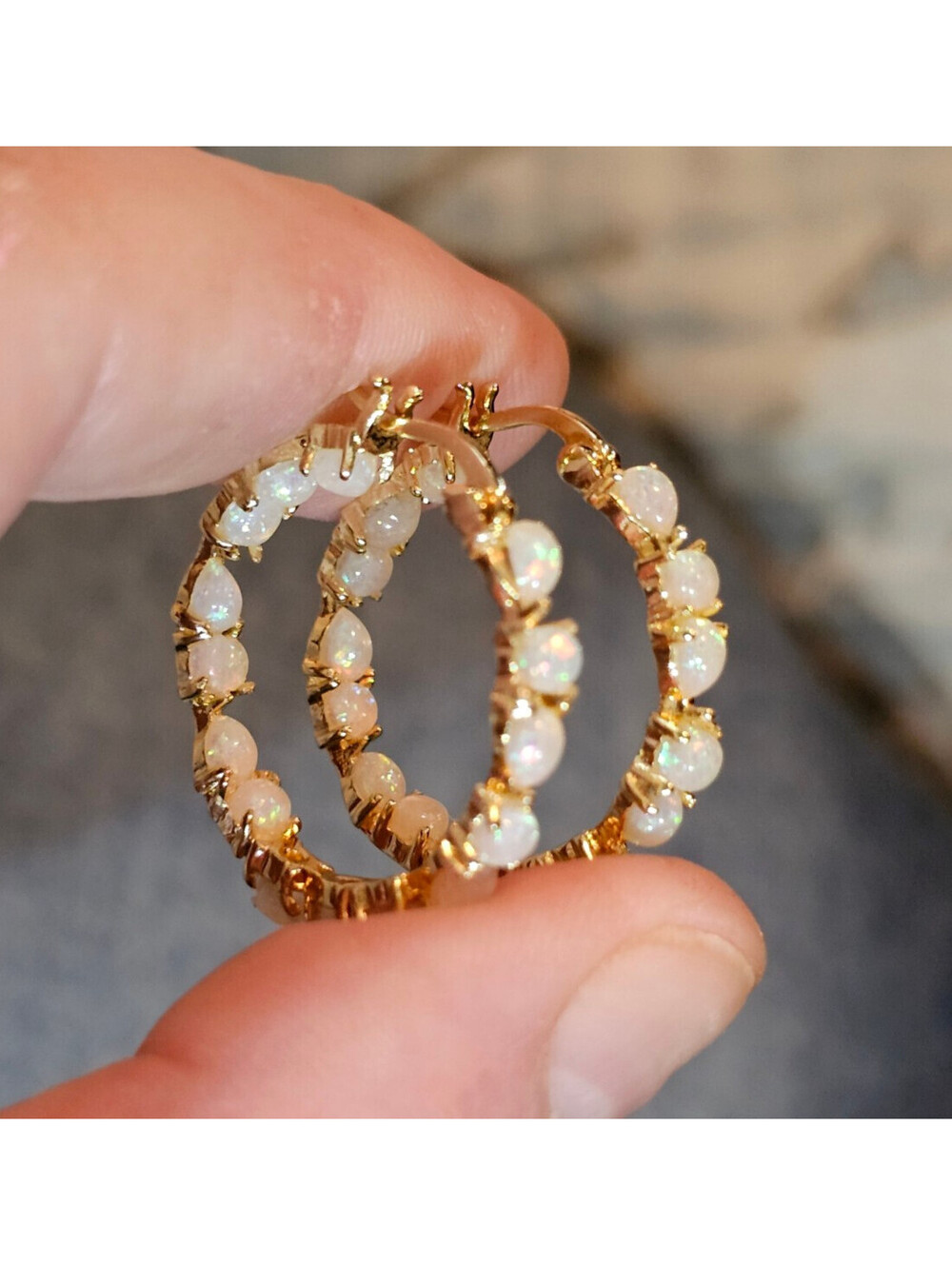 14K Gold-Plated Lab-Created Opal Hoop Earrings – 1 inch Lightweight NWT - Picture 6 of 7